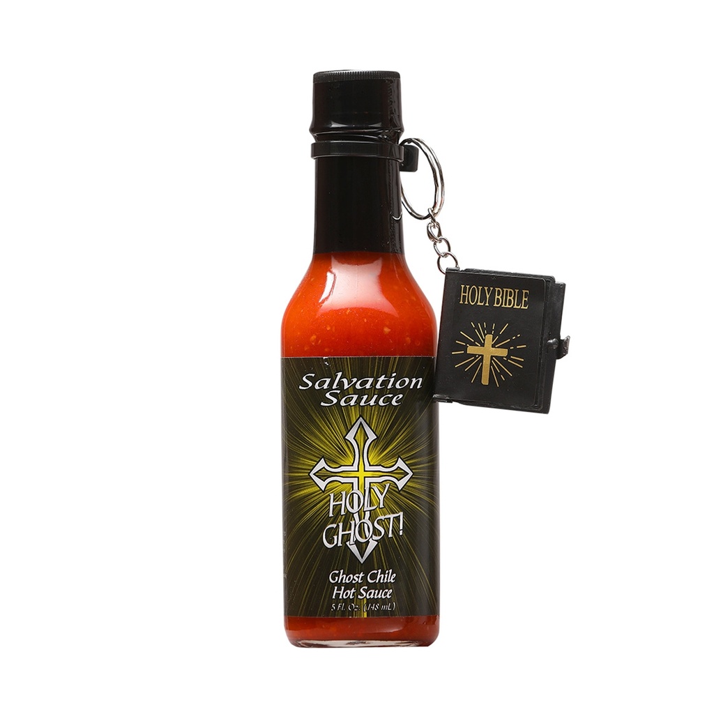 Salvation Sauce "HOLY GHOST" Ghost Chile & Garlic Hot Sauce w/Bible Keychain