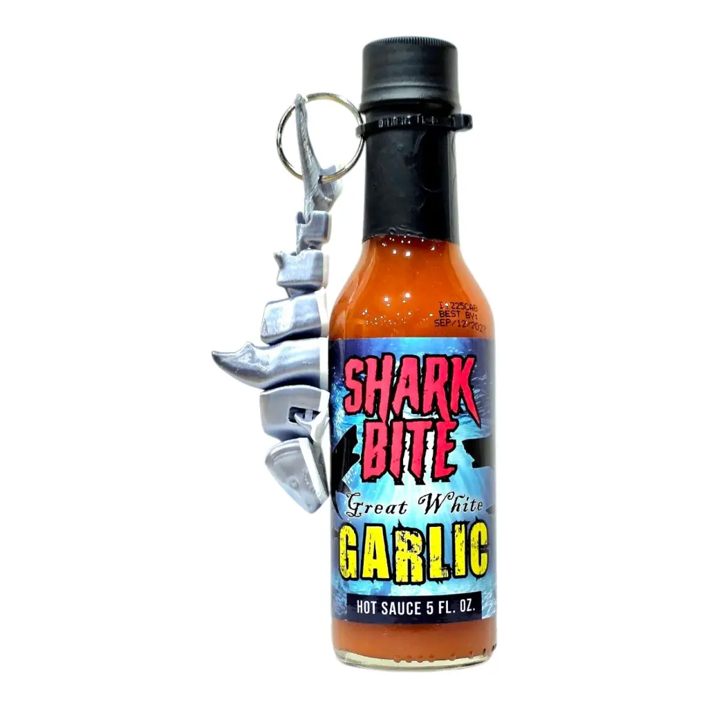 Shark Bite Great White Garlic Hot Sauce with 3D Shark Keychain